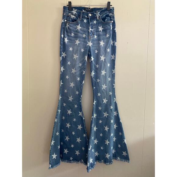 Judy Blue Women's size 9 / 29 Super Flare Star Print Jeans High‎ Rise Frayed - Picture 1 of 11